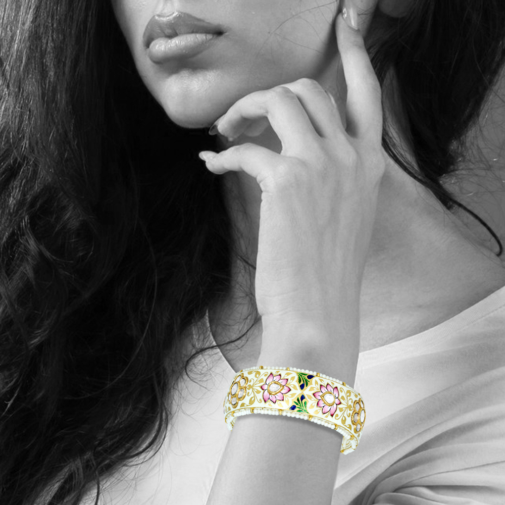 Pink Lotus Enamel Bangle with Polki and Pearl Edges